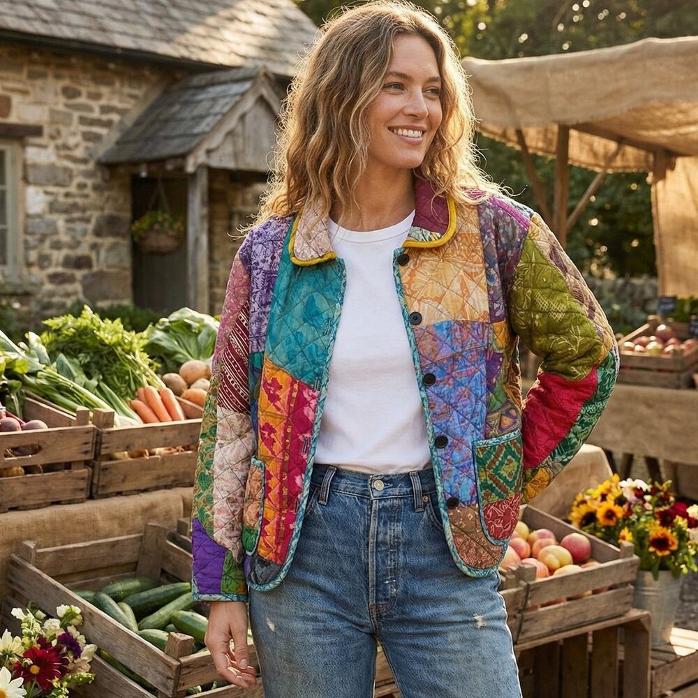 Sacred Threads Silk Patchwork Quilted Jacket Artisan Boho M/L